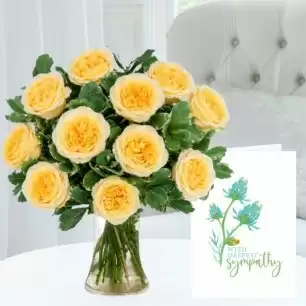 Lemon Peony Roses, Vase & Sympathy Card