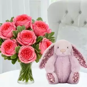 Pink Garden Roses & Jellycat Thistlepop Blossom Bunny (31cm)