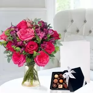 Pomegranate Peony Rose, 9 Luxury Chocolates & Free Card