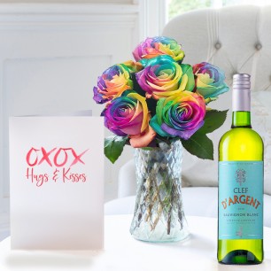 Rainbow Roses, Clef D'Argent Sauvignon Blanc & Romance Card