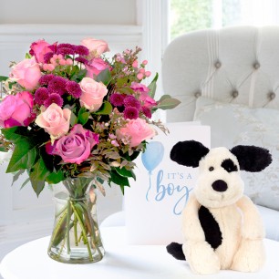 Scented Garden, Jellycat Bashful Black & Cream Puppy (31cm) & Baby Boy Card