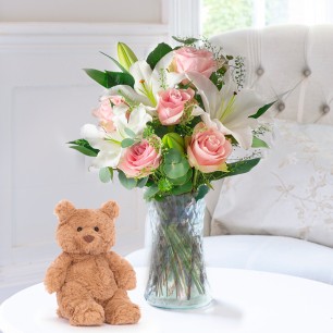 Simply Pink Rose & Lily & Jellycat Bartholomew Bear Small (16cm)