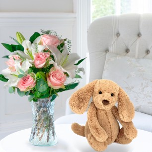 Simply Pink Rose & Lily & Jellycat® Bashful Toffee Puppy