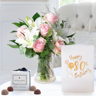 Simply Pink Rose & Lily, 6 Mixed Truffles & 80th Birthday Card