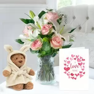 Simply Pink Rose & Lily, Jellycat Bartholomew Bear Bathrobe (26cm) & Romance Card
