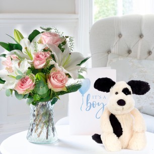 Simply Pink Rose & Lily, Jellycat Bashful Black & Cream Puppy (31cm) & Baby Boy Card