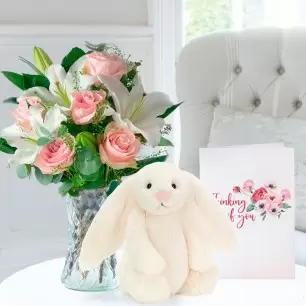 Simply Pink Rose & Lily, Jellycat Cream Bunny (31cm) & Thinking of You Card