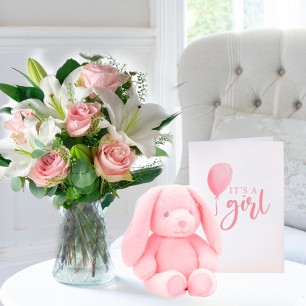 Simply Pink Rose & Lily, Baby Girl Bunny & Baby Girl Card