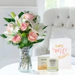 Simply Pink Rose & Lily, NEOM Happiness Candle (185g) & 40th Birthday Card