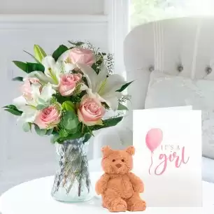 Simply Pink Rose & Lily, Small Bartholomew Bear (16cm), Vase & New Baby Girl Card