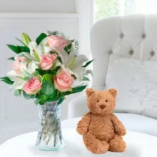 Simply Pink Rose & Lily, Vase & Jellycat Medium Bartholomew Bear (28cm)