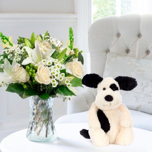 Simply White Rose & Lily & Jellycat Bashful Black & Cream Puppy (31cm)