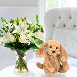 Simply White Rose & Lily & Jellycat® Bashful Toffee Puppy