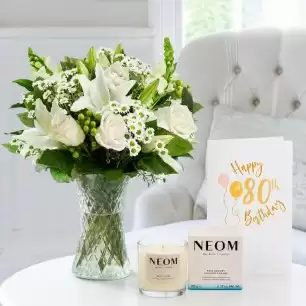 Simply White Rose & Lily, NEOM Real Luxury Candle (185g) & 80th Birthday Card