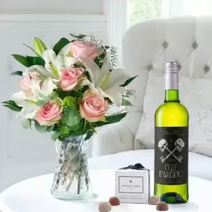 Simply Pink Rose & Lily, Clef d'Argent Sauvignon Blanc & 6 Mixed Truffles