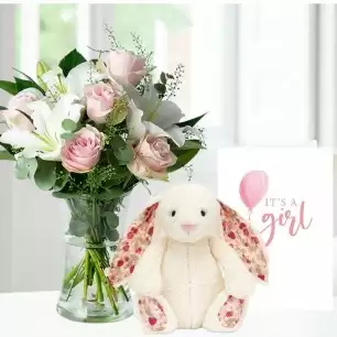 Simply Pink Rose & Lily, Jellycat Blossom Cream Bunny (18cm) & Baby Girl Card