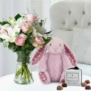 Simply Pink Rose & Lily, Jellycat Thistlepop Blossom Bunny (31cm) & 6 Mixed Truffles