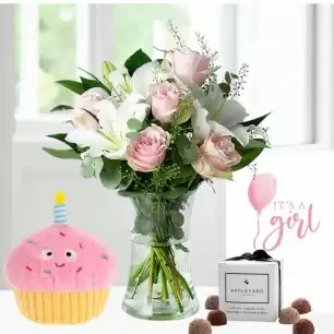 Simply Pink Rose & Lily, Keels Snackies Cupcake(18cm), 6 Mixed Truffles & Baby Girl Card