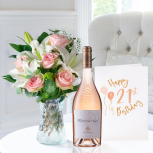 Simply Pink Rose & Lily, Whispering Angel (75cl) & 21st Birthday Card
