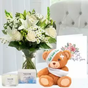 Simply White Rose & Lily, Keels Get Well soon Bear (15cm), Neom Happiness Candle (75g) & Get Well Card