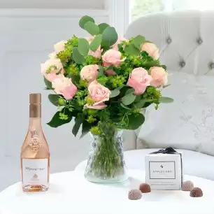 Luxury Pink Roses, Whispering Angel Half Bottle & 6 Mixed Truffles