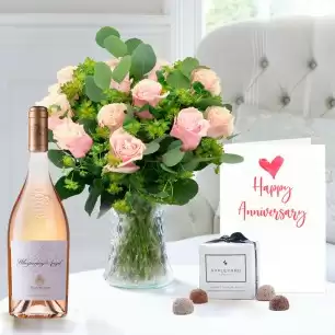 Luxury Pink Roses, Whispering Angel, 6 Mixed Truffles & Anniversary Card