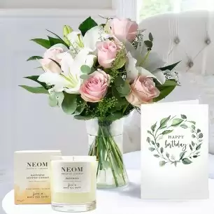 Simply Pink Rose & Lily, NEOM Happiness Candle (185g) & Happy Birthday Card