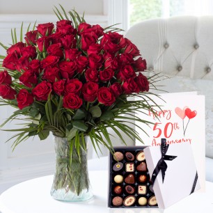 50 Luxury Red Roses, 9 Luxury Chocolates & 50th Anniversary Card