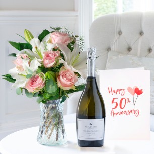 Simply Pink Rose & Lily, Appleyard Prosecco & 50th Anniversary Card