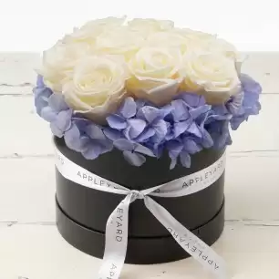 White Rose & Lavender Hydrangea Hatbox (Lasts Up To A Year)