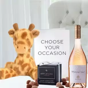 Keels Huggy Giraffe(17cm) , 12 Mixed Truffles, Whispering Angel Rosé (75cl) & Card