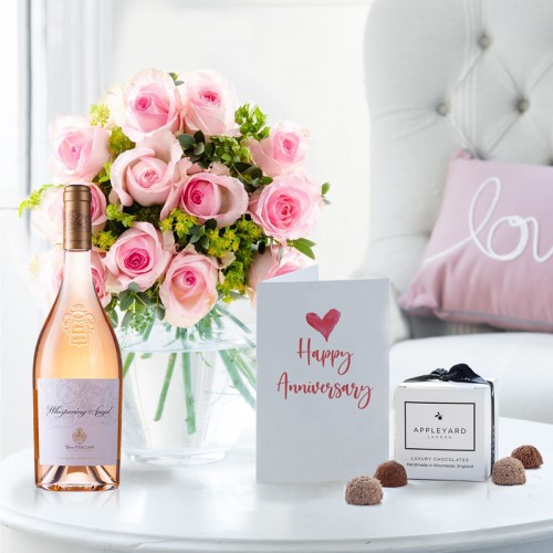 Sorbet Roses, Whispering Angel, 6 Mixed Truffles & Anniversary Card