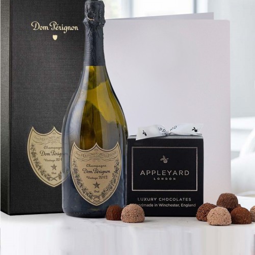 Dom Perignon 2013 Vintage Champagne (75cl), 12 Handmade Chocolate Truffles & Occasion Card