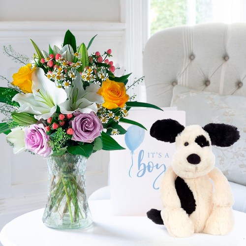 Glaze, Jellycat Bashful Black & Cream Puppy (31cm) & Baby Boy Card