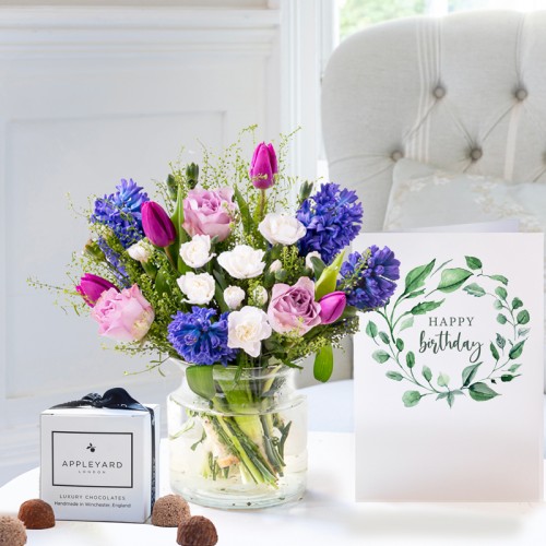 Scented Spring, Vase, 6 Truffles & Birthday Card